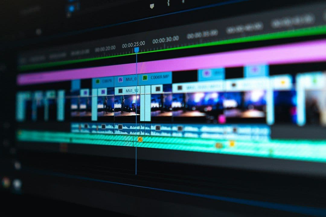Video editing timeline with blue and purple clips on a dark screen, illustrating cutting a long video into short clips with a Submagic alternative